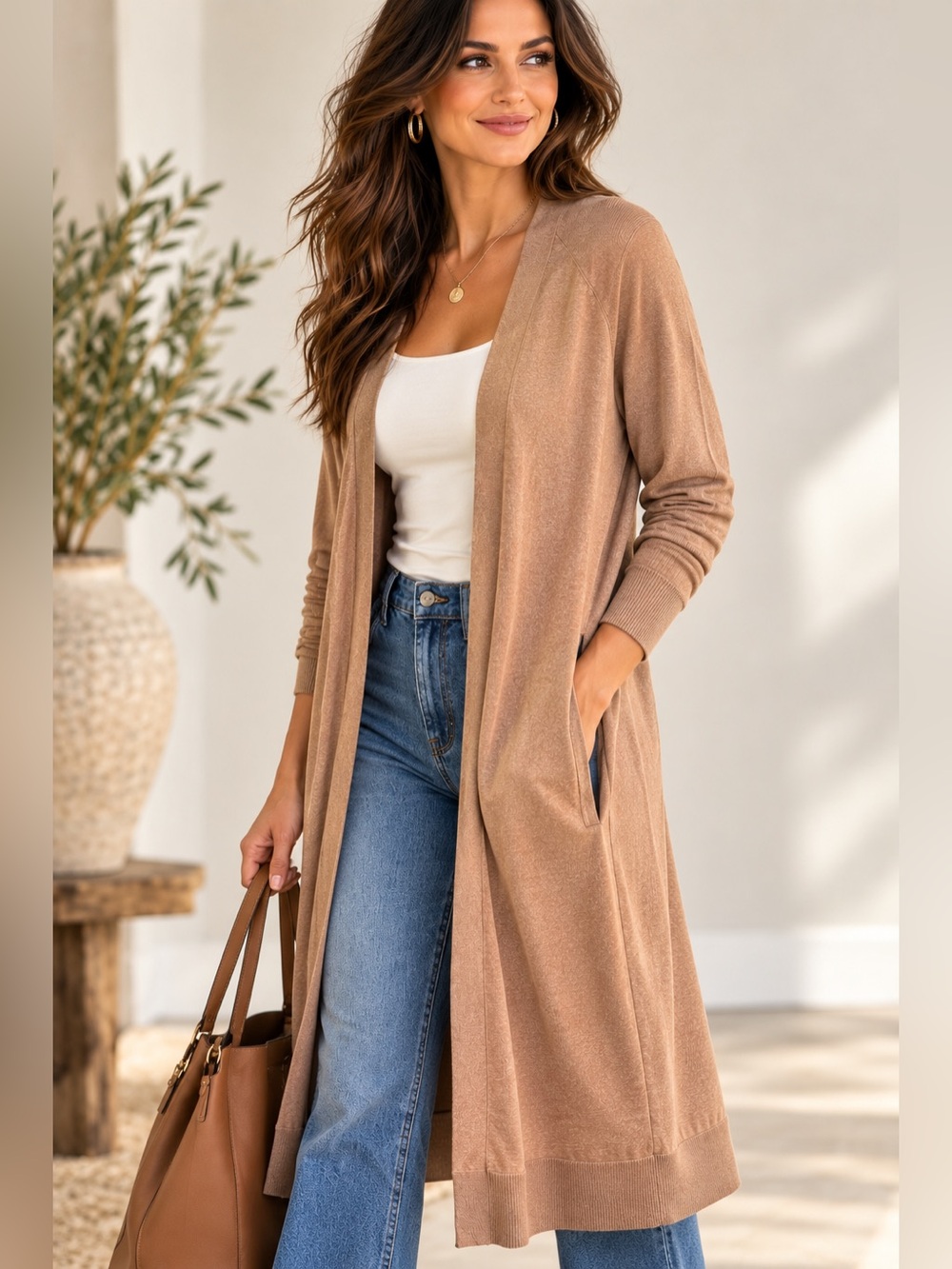 Banana Republic Silk Cotton Duster Cardigan Camel Longline Sweater Medium